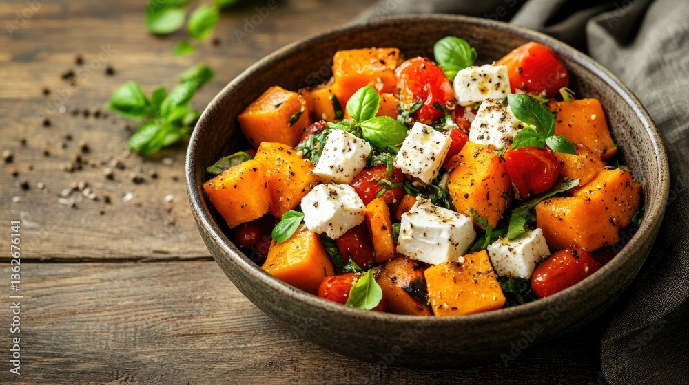 A bowl of warm autumn salad with roasted pumpkin cubes, feta cheese, and fresh herbs, placed on a rustic wooden table, copy space for text A bowl of warm autumn salad with roasted pumpkin cubes, feta cheese, and fresh herbs, placed on a rustic wooden table, copy space for text