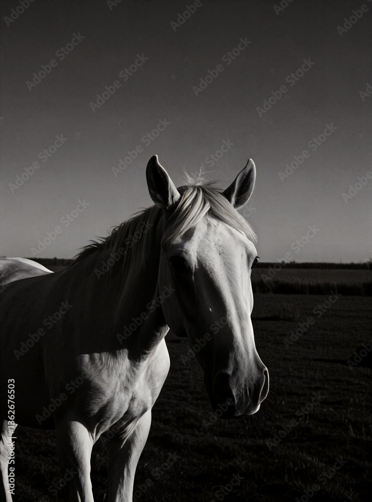 Obraz premium Black and white photo of a white horse close - up