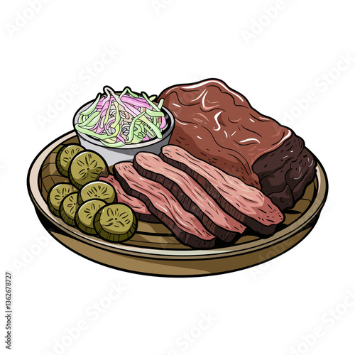 BBQ Brisket Plate with Pickles and Slaw Vector Illustration