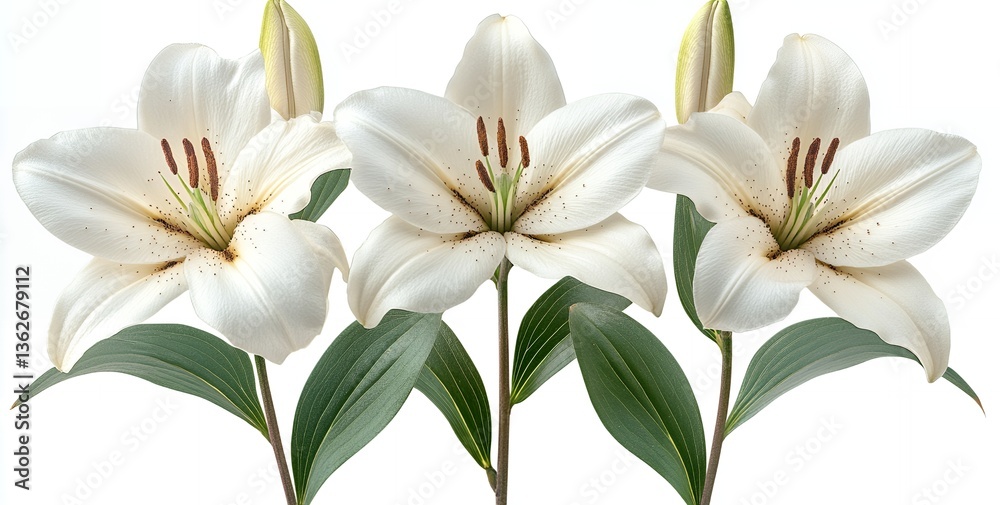 Fototapeta premium Elegant White Lilies Bouquet Three Stunning Blooms Isolated on White Background