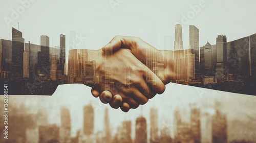 A symbolic handshake represents partnership and collaboration, set against a backdrop of abstract city buildings, conveying trust and professional growth in the business world.