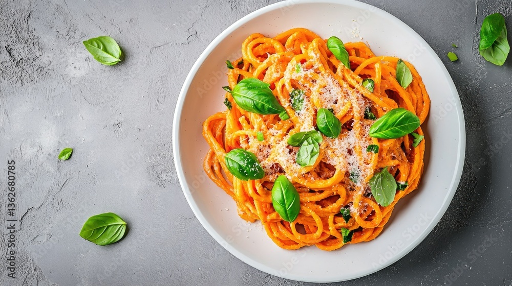 A gourmet vegetarian pasta dish, creamy sweet potato carbonara in a white plate, topped with fresh basil and grated cheese substitute, perfect for plant-based dining