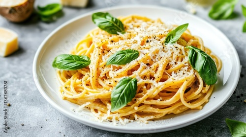Obraz na płótnie A gourmet vegetarian pasta dish, creamy sweet potato carbonara in a white plate, topped with fresh basil and grated cheese substitute, perfect for plant-based dining w salonie
