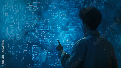Person interacting with a futuristic digital interface, Exploring digital data, futuristic technology, innovation