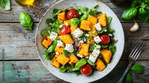 Obraz na płótnie A hearty autumn salad with caramelized grilled pumpkin, creamy feta cheese, and aromatic herbs, presented on a rustic wooden table, top view w salonie
