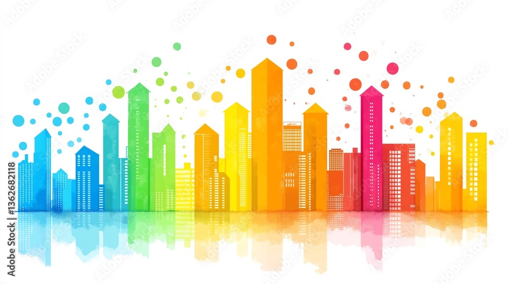 Fototapeta premium A vibrant and colorful city skyline featuring a variety of modern building designs. The illustration showcases a fusion of bright colors, representing creativity and urban life.