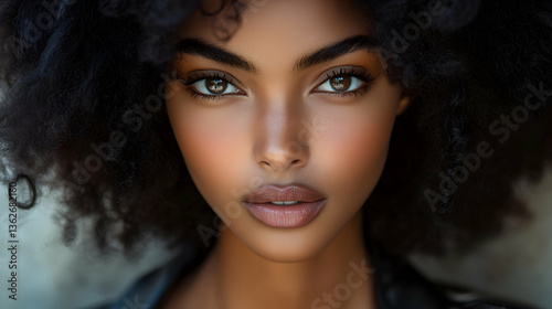 Portrait Young woman with curly hair, brown eyes, and smooth skin looking at camera