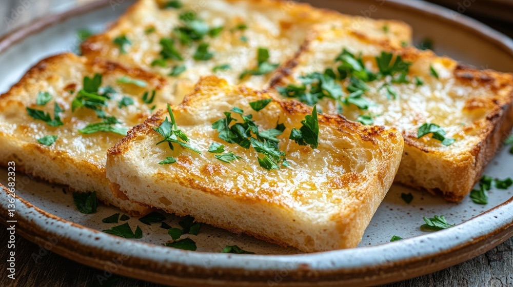Crispy garlic bread with a golden crust, topped with fresh parsley on a handmade ceramic plate. Crispy garlic bread with a golden crust, topped with fresh parsley on a handmade ceramic plate.