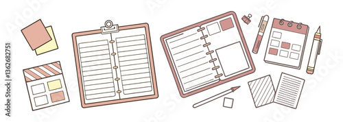Stationery, notebook, memo, ballpoint pen.
Illustration set.