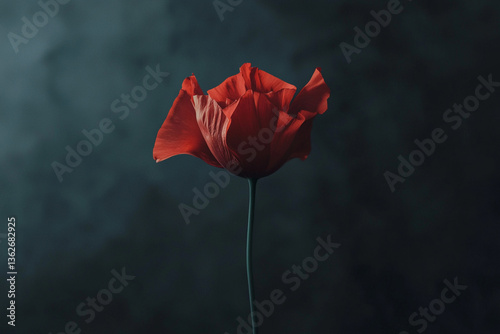 A single red poppy flower with a long stem against a dark and slightly blurred background image view