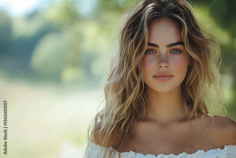 Naklejka premium Pretty fair woman with flowing, wavy blonde hair outdoors in soft focus background