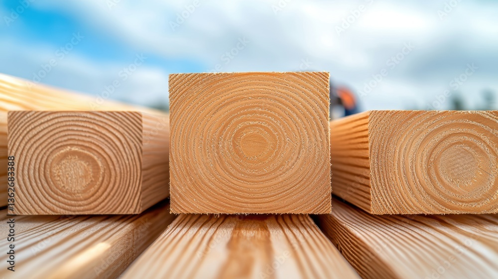 Fototapeta premium Close-up of wooden logs showcasing distinct rings, highlighting their natural grain and texture against a blurred background of soft hues.