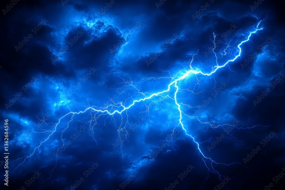 Dramatic lightning strikes illuminate a stormy sky over a dark horizon at night Dramatic lightning strikes illuminate a stormy sky over a dark horizon at night