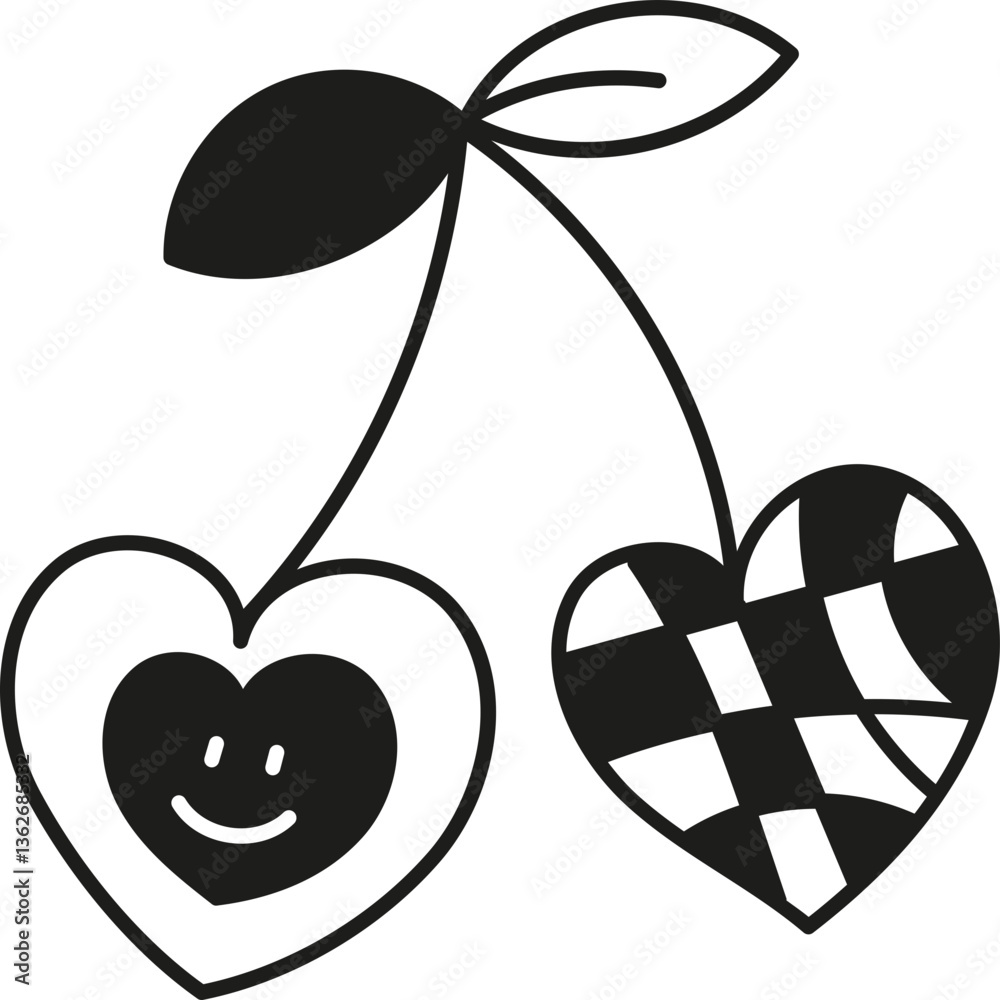 Fototapeta premium doodle boho groovy easter Two playful heart-shaped cherries with smiling face and patterned design.