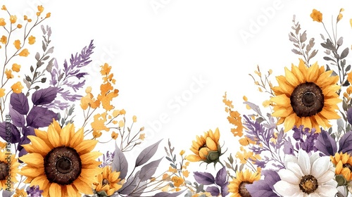 Wallpaper Mural Watercolor Sunflowers and Floral Frame: Autumnal Botanical Painting Torontodigital.ca