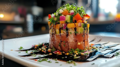 fancy tuna tartare tower serve on white plate look fresh and tasty photo
