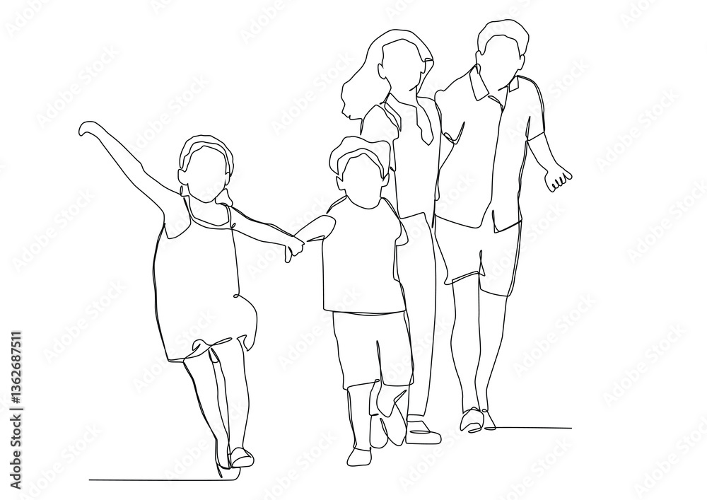 continuous one line drawing of happy family running. continuous one line drawing of happy family running.