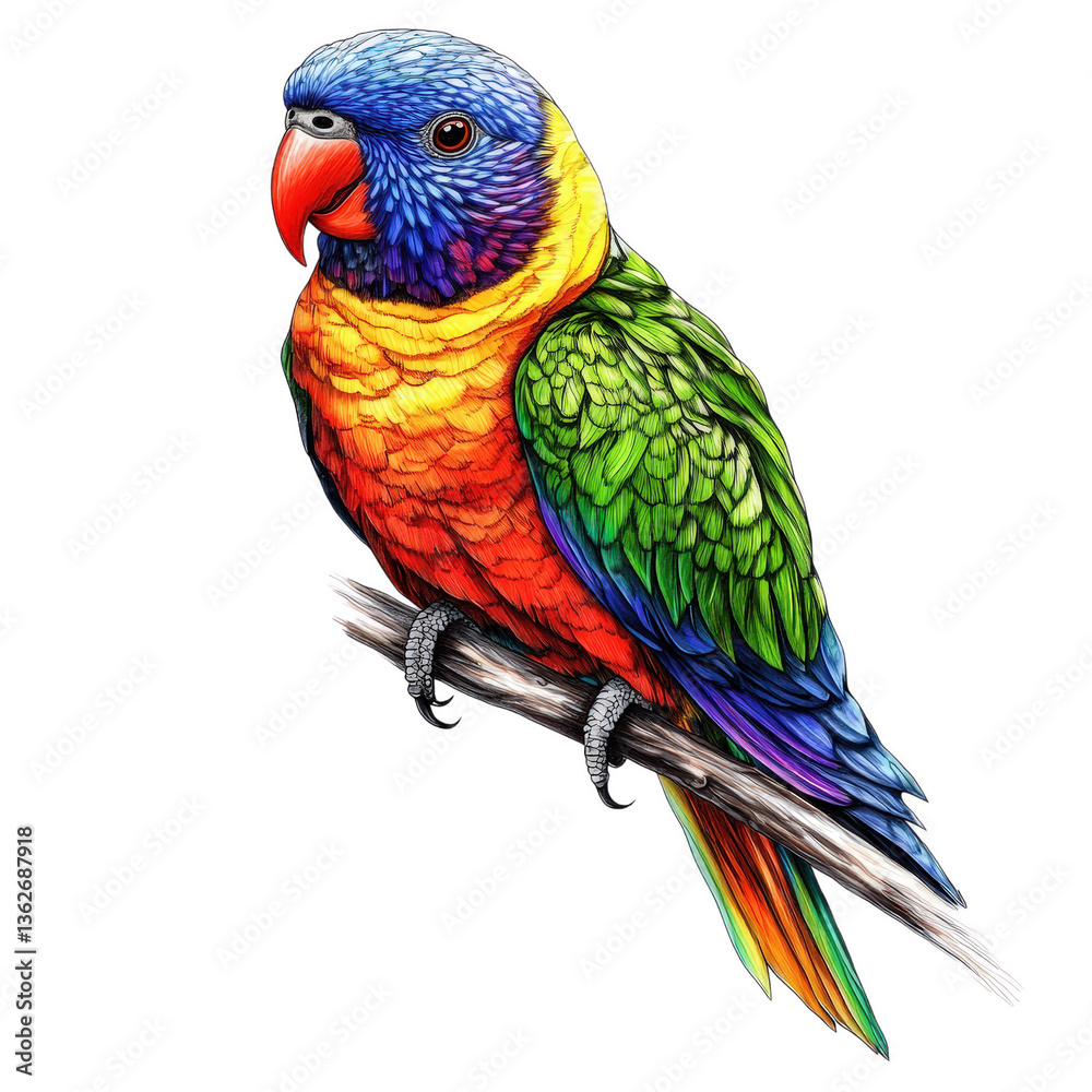 Fototapeta premium Rainbow Lorikeet's Vibrant Plumage: A dazzling illustration of a Rainbow Lorikeet perched upon a branch, showcasing its stunning array of colors and intricate feather patterns.