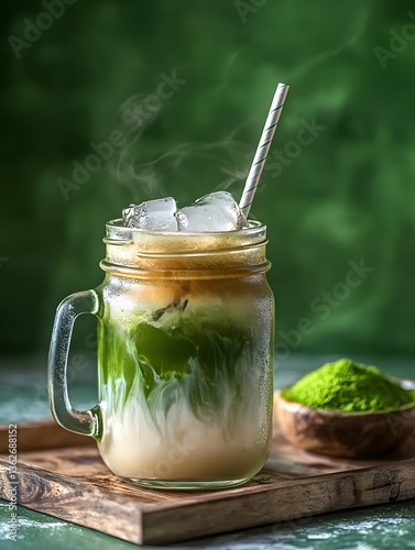 Layered iced matcha coffee latte in a mason jar