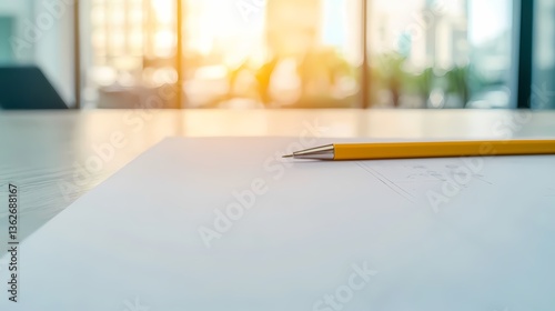 Yellow Pencil on Blank Paper, Office Background, Ready to write. Office workspace concept.