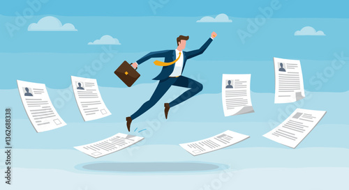 Businessman leaps over resumes in a dynamic career move.