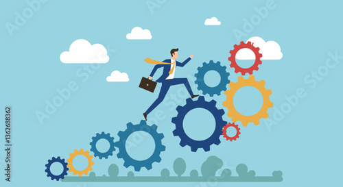 Businessman leaping across colorful gears, achieving success.