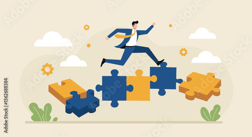 Businessman leaping across puzzle pieces, achieving goals.