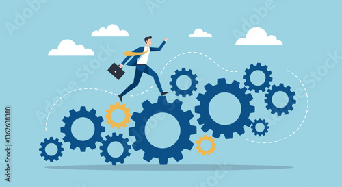 Businessman leaps across gears, achieving success.