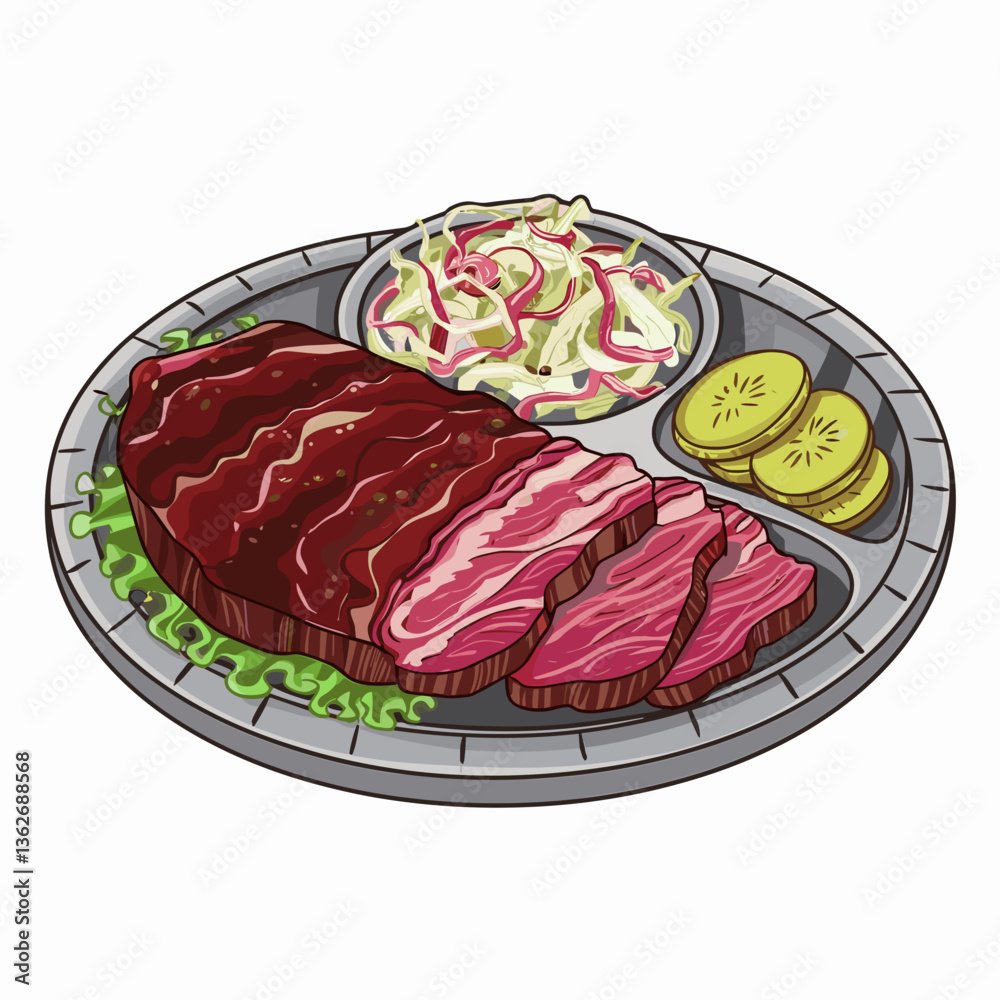 BBQ Brisket Plate with Pickles and Slaw Vector Illustration BBQ Brisket Plate with Pickles and Slaw Vector Illustration