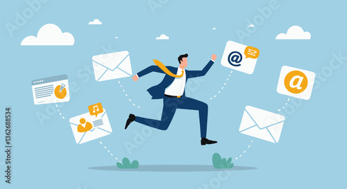 Businessman running, catching emails and data.
