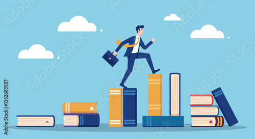 Businessman stepping up on books. Education, success, growth.