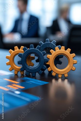 Three gears orange and blue colors are placed wooden table, surrounded by financial charts and documents. background features blurred figures engaged business discussion, creating dynamic office