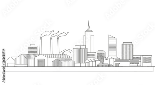 Simple line art cityscape with industrial buildings and skyscrapers. White background    