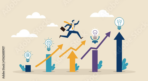Businessman leaps toward success, navigating growth charts and bright ideas.