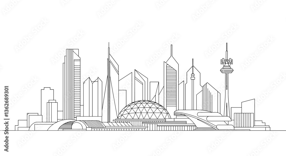 Obraz premium Modern city skyline illustration in minimalist line art style.