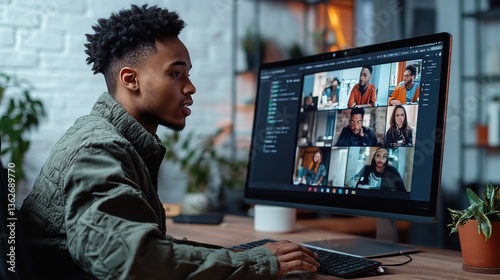  an African man sitting at office working desk online VDO conference steaming with other co-worker
