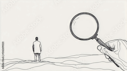 A continuous one-line drawing of a hand pointing a magnifying glass at the silhouette of a person, symbolizing a massive search for missing staff members