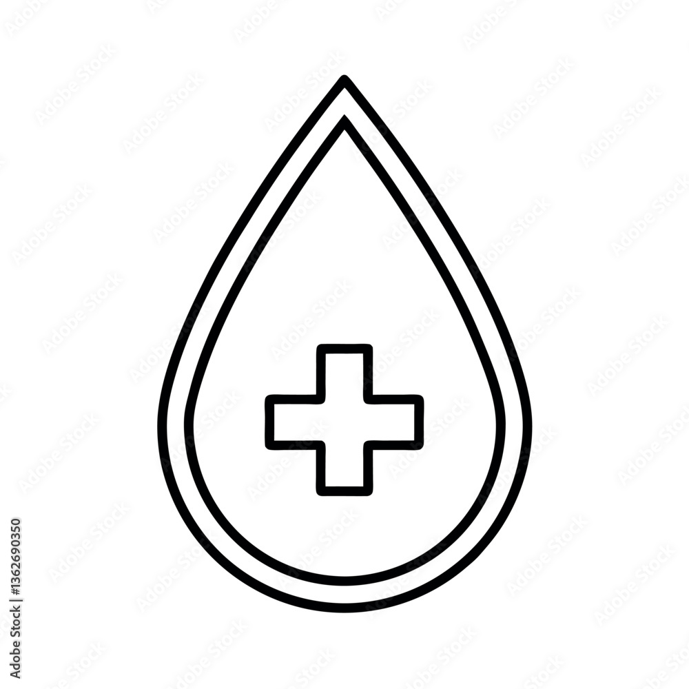 Simple Black Line Art Illustration of a Drop with a Medical Cross Simple Black Line Art Illustration of a Drop with a Medical Cross