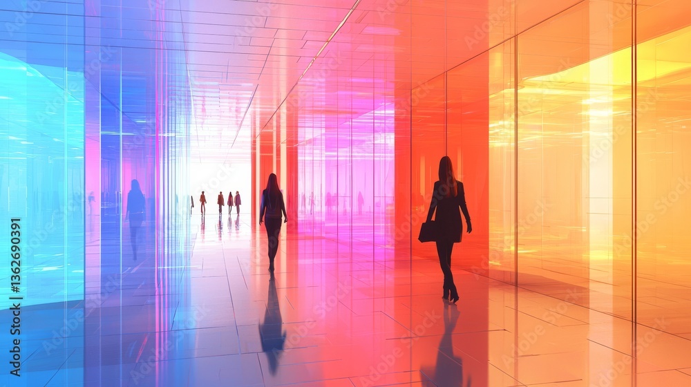 Contemporary architectural space featuring walking figures and bright colors Contemporary architectural space featuring walking figures and bright colors