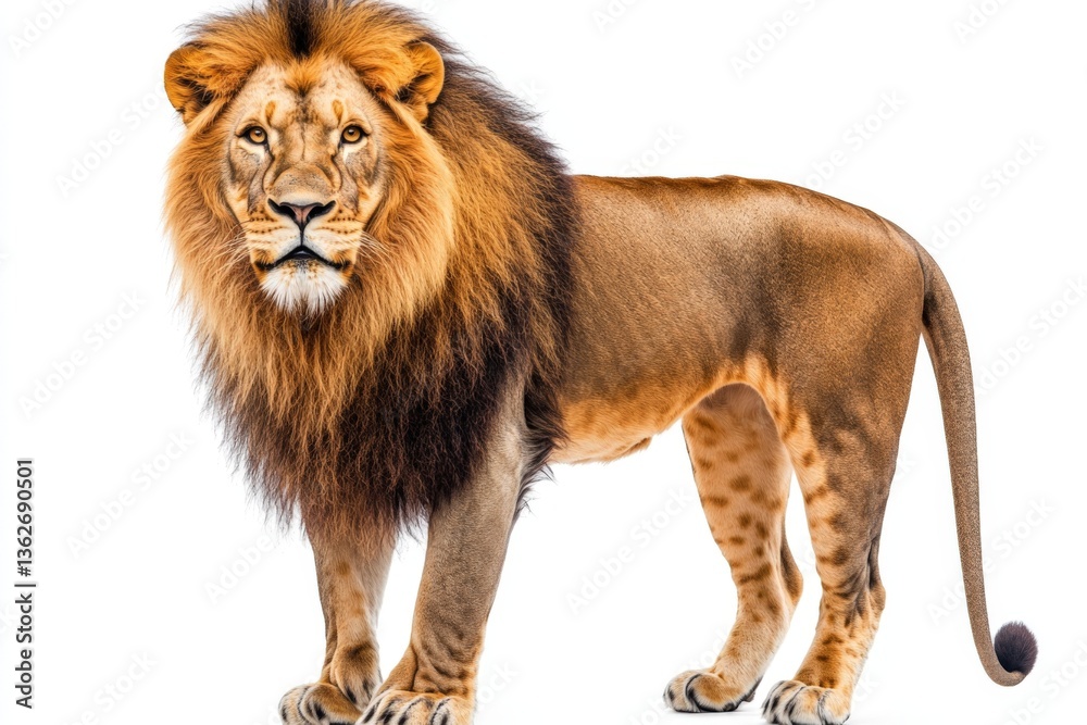 Obraz premium Majestic lion standing poised in a natural habitat displaying its impressive mane and fierce gaze at midday sun