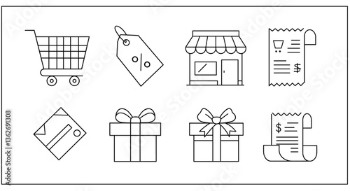 Simple line art icons for online shopping. White background    