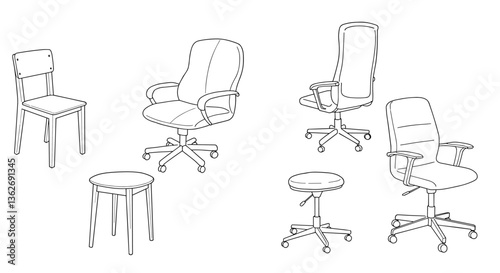 Line art of various chairs and stools. White background    
