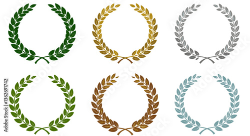 Six laurel wreaths in varying metallic colors. White background    