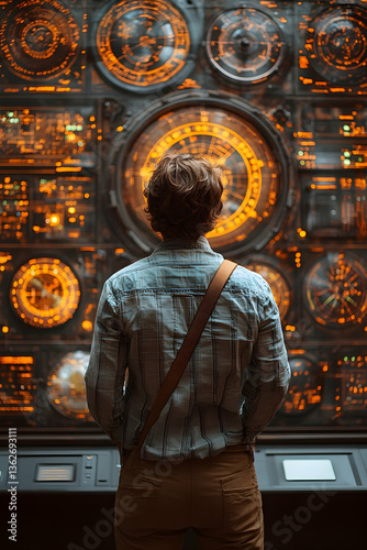 Person facing a wall of glowing screens with various geometric patterns