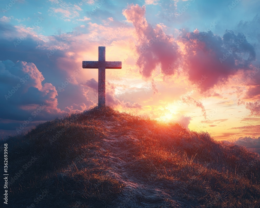 Obraz premium Sunset over a hill with a cross, symbolizing hope and reflection in nature