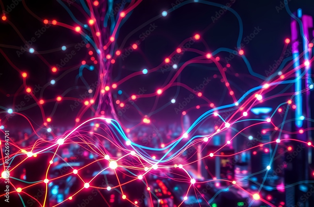 Fototapeta premium Cyberpunk Neon Cityscape with Interconnected Lights