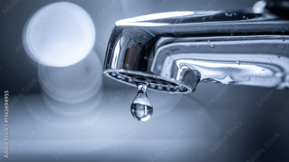 Water drop falling from chrome faucet, close-up shot Water drop falling from chrome faucet, close-up shot
