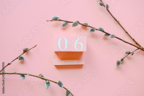 march 6. Pink cube calendar and willow branches on pink background