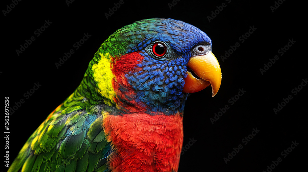 Obraz premium Close-up of a colorful parrot against a black background, showcasing vibrant green, blue, red, and yellow feathers. The image represents the beauty of nature and exotic wildlife