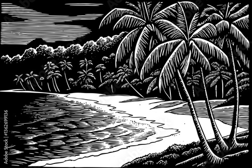 Tropical sandy ocean beach with palm trees black and white hand drawn sketch 